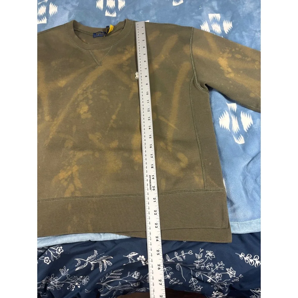 Polo Ralph Lauren Mens XL Olive Green Acid Wash Bleach Splatter Crew Sweatshirt